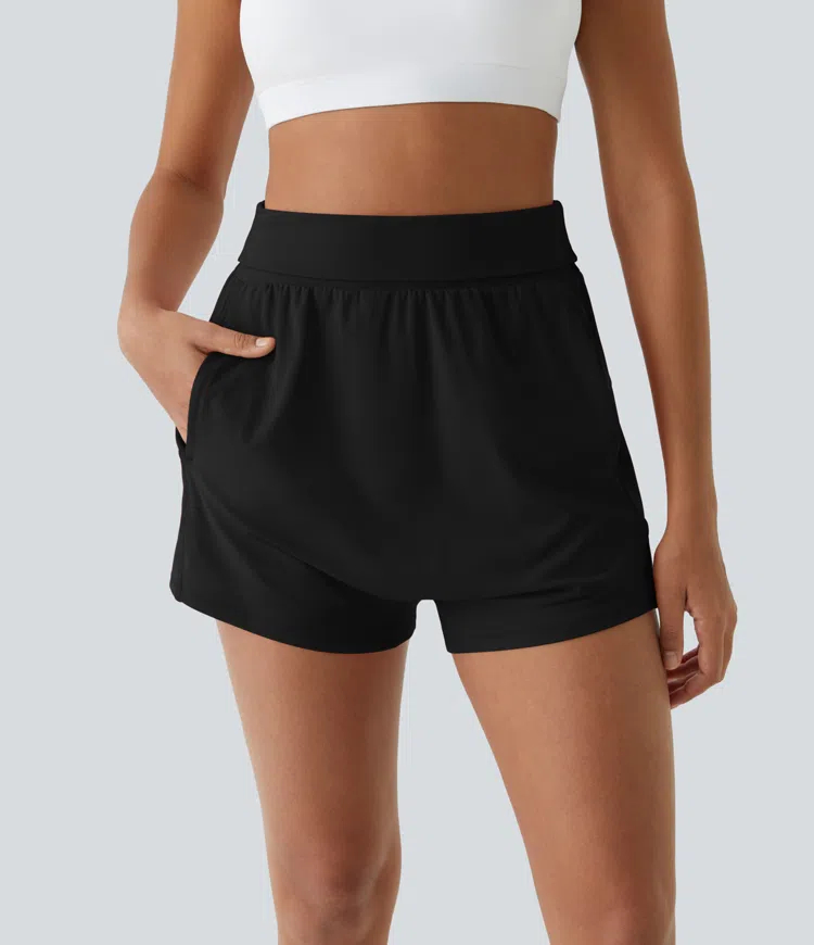 Super High Foldover Waisted Side Pocket Yoga Harem Shorts