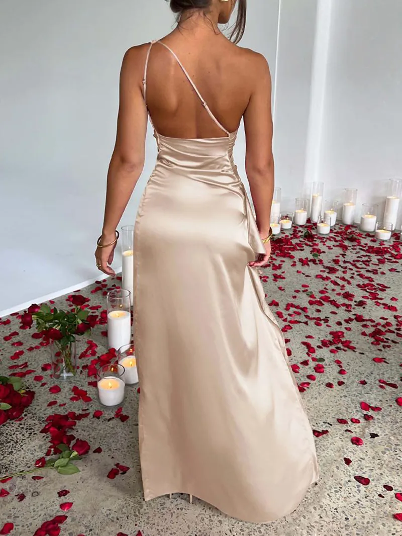 Elegant off-shoulder slit solid color dress