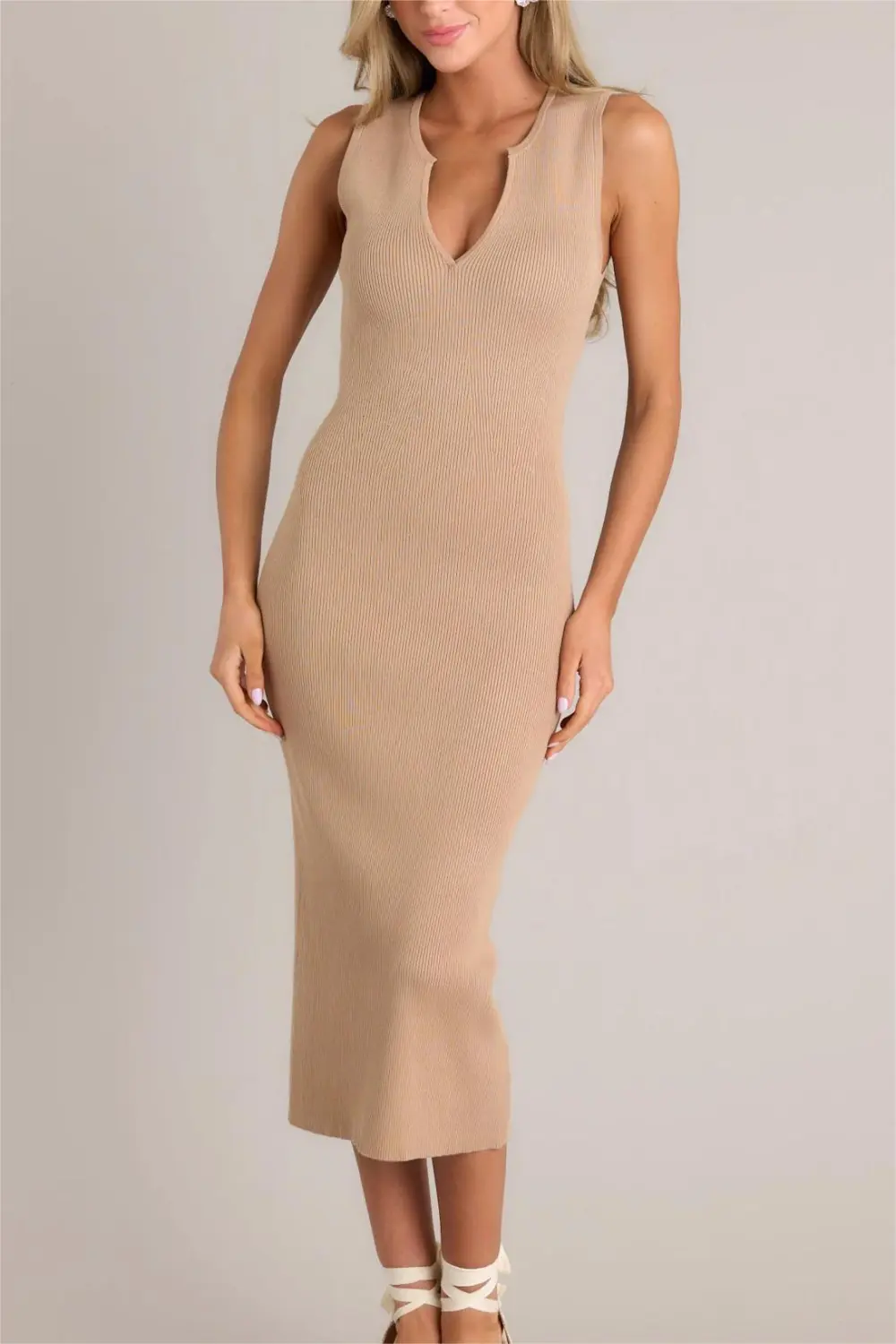 MIDNIGHT MAJESTY LIGHT BROWN RIBBED BODYCON DRESS