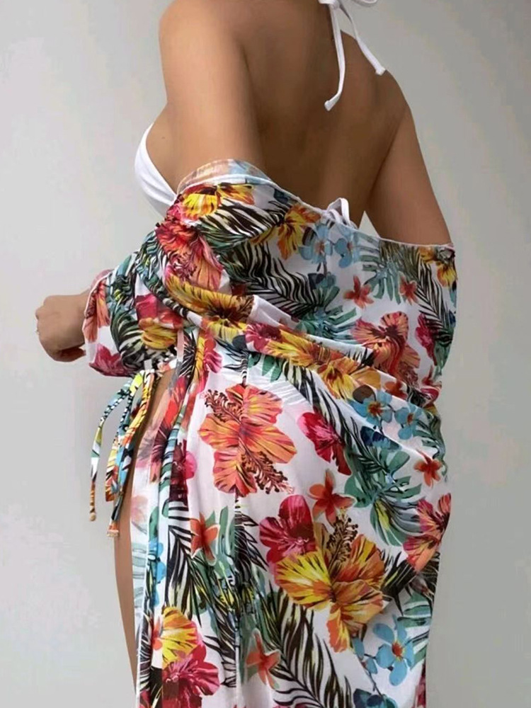 Bikini Print Print High Waist Briefs Long Cover Up Swimsuit