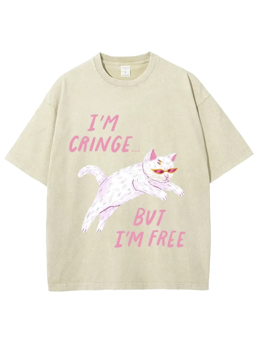 IM FREE UNISEX OVERSIZED PRINT VINTAGE WASH DENIM T-SHIRT