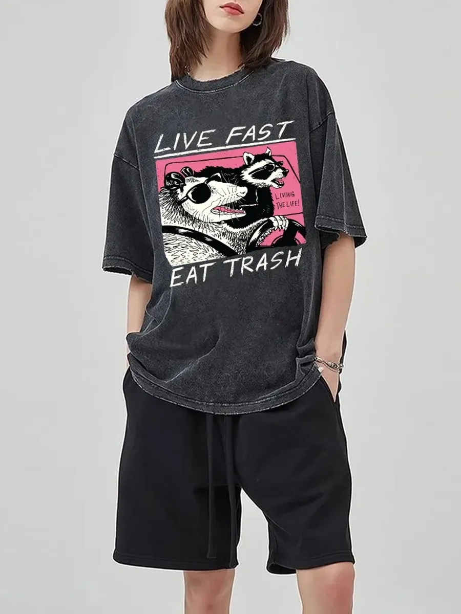 LIVE FAST EAT TRASH UNISEX PRINTED RETRO WASHED SHORT SLEEVED T-SHIRT