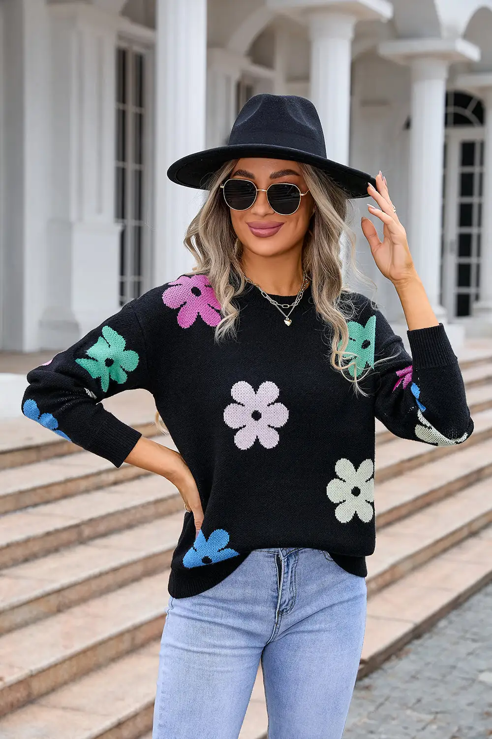 Flower Color Matching Round Neck Sweater