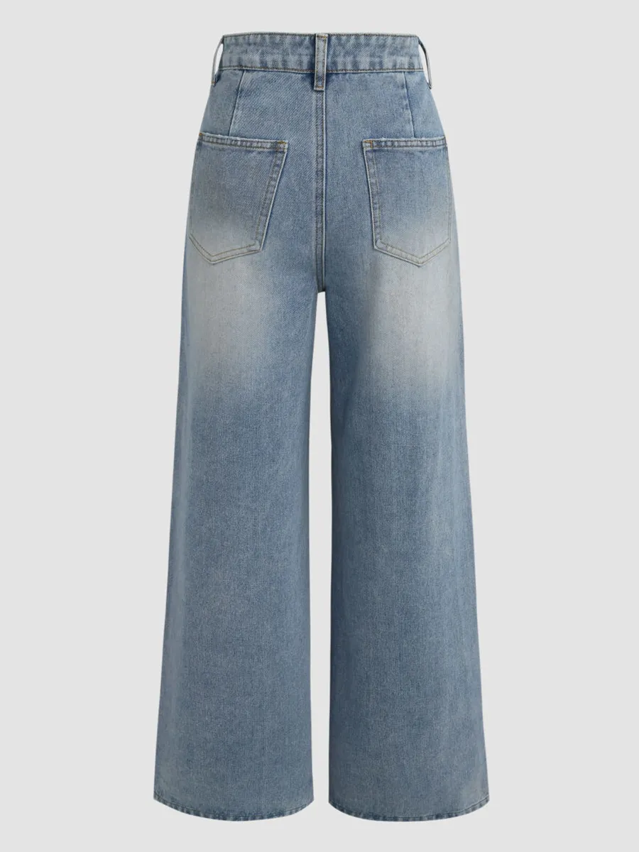 Denim Pleated Straight Leg Jeans