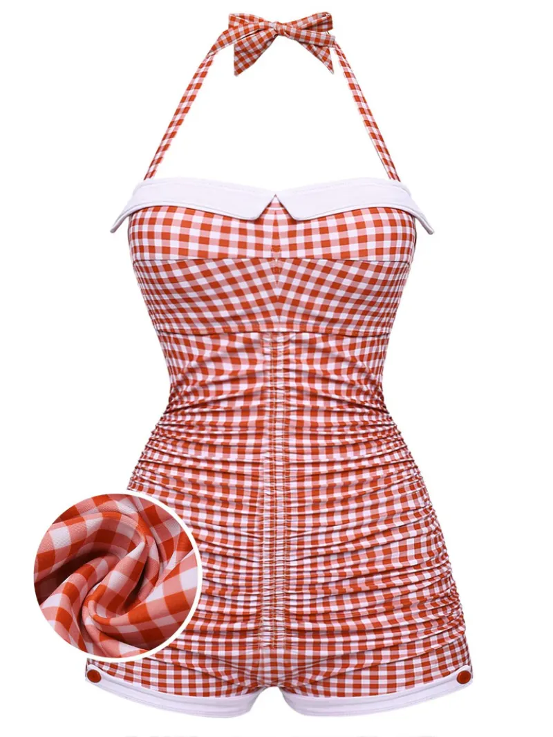 CHECKED 1950S HALTER BOWKNOT ONE-PIECE SWIMSUIT