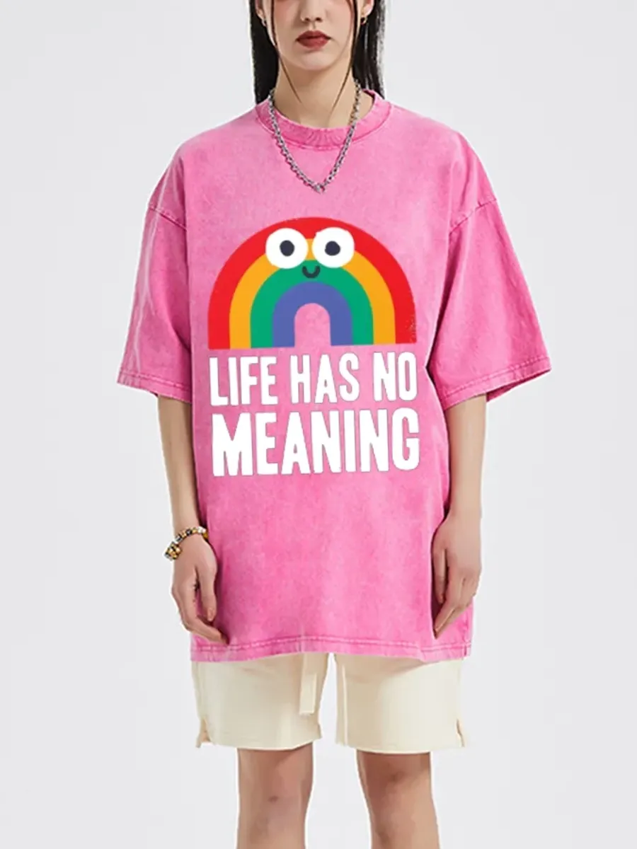 LIFE HAS NO MEANING UNISEX OVERSIZED PRINT VINTAGE WASH DENIM T-SHIRT