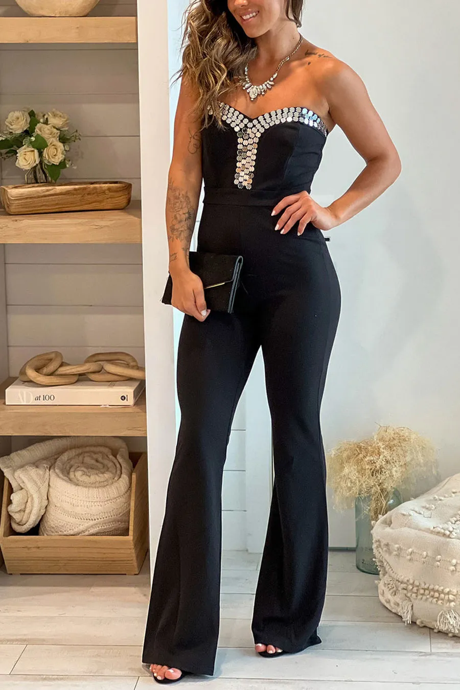 Black Strapless Jumpsuit With Details