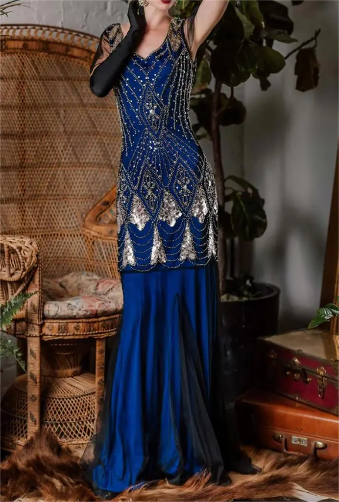 BLUE 1920S SEQUINED MAXI FLAPPER DRESS-US WAREHOUSE