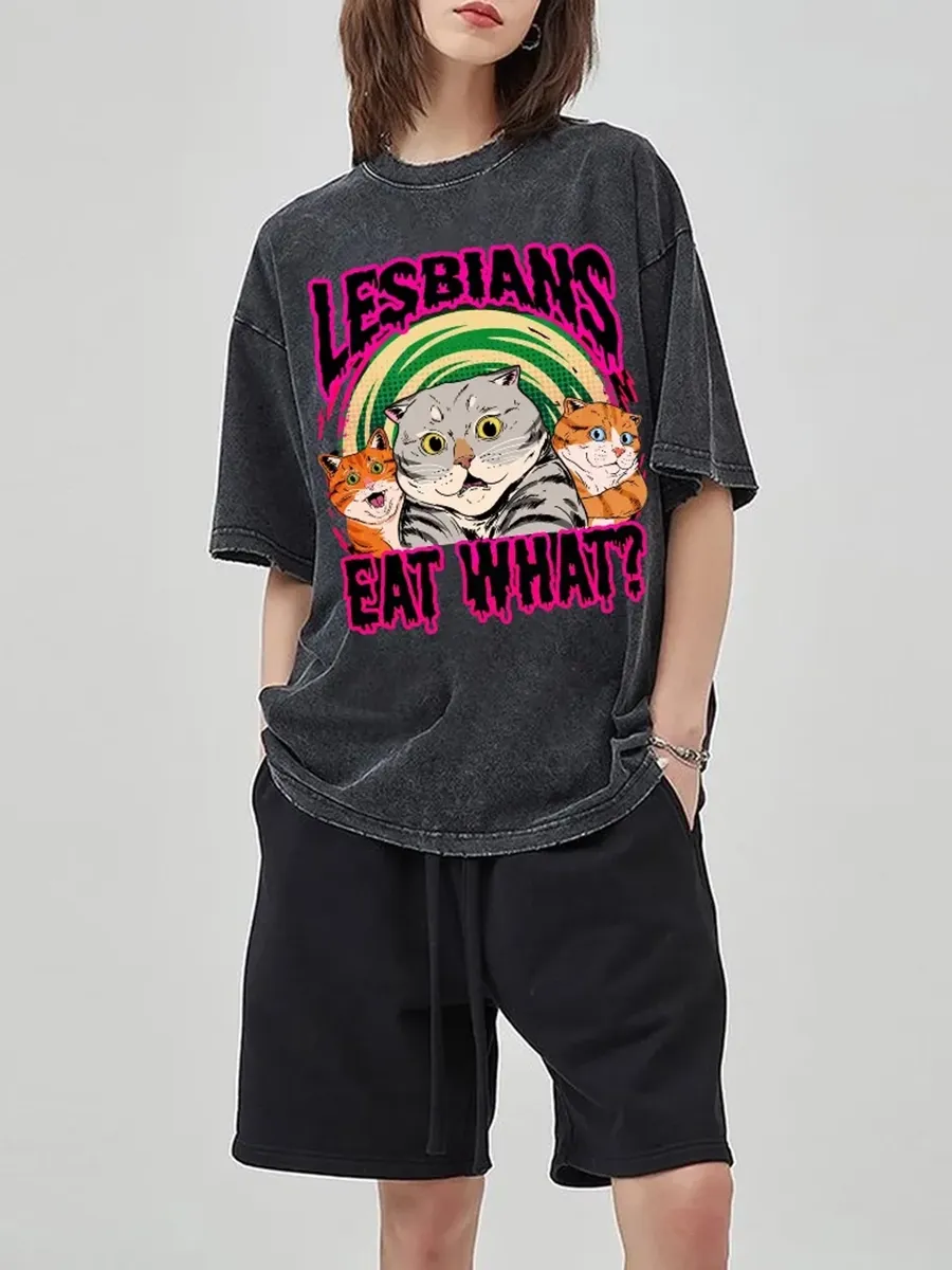 EAT WHAT CAT UNISEX PRINTED RETRO WASHED SHORT SLEEVED T-SHIRT