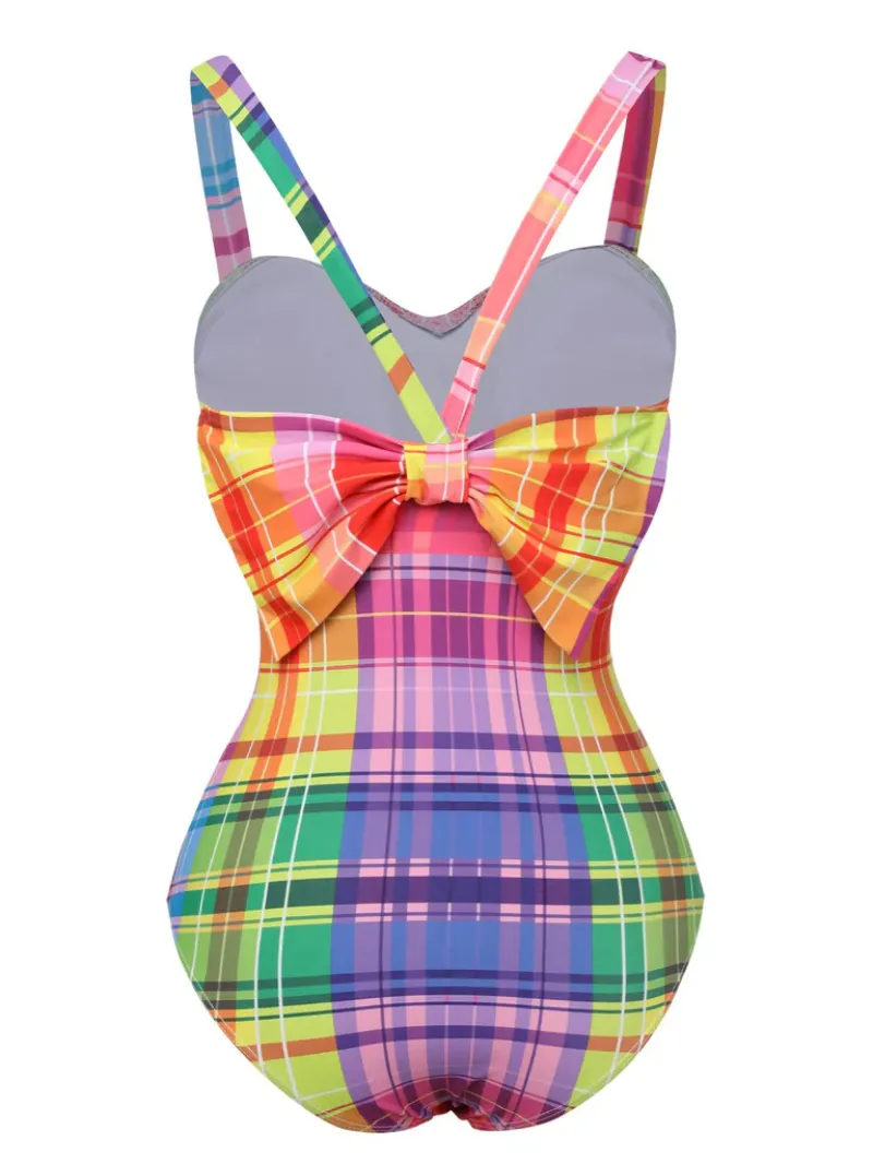 MULTICOLOR 1970S RAINBOW PLAID BOW SWIMSUIT