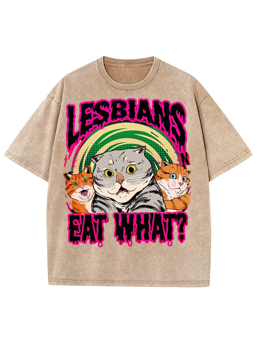 EAT WHAT CAT UNISEX PRINTED RETRO WASHED SHORT SLEEVED T-SHIRT