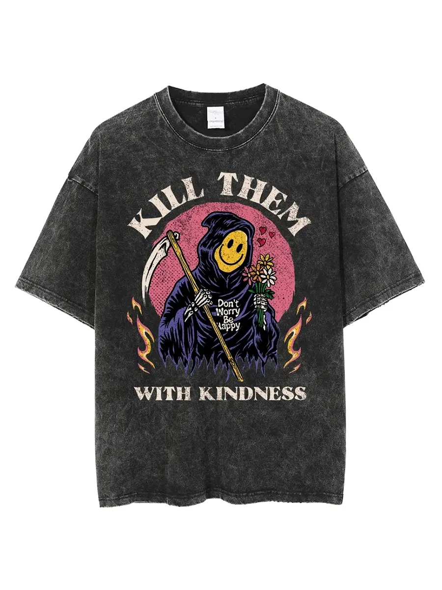 KILL THEM WITH KINDNESS UNISEX OVERSIZED PRINT VINTAGE WASH DENIM T-SHIRT