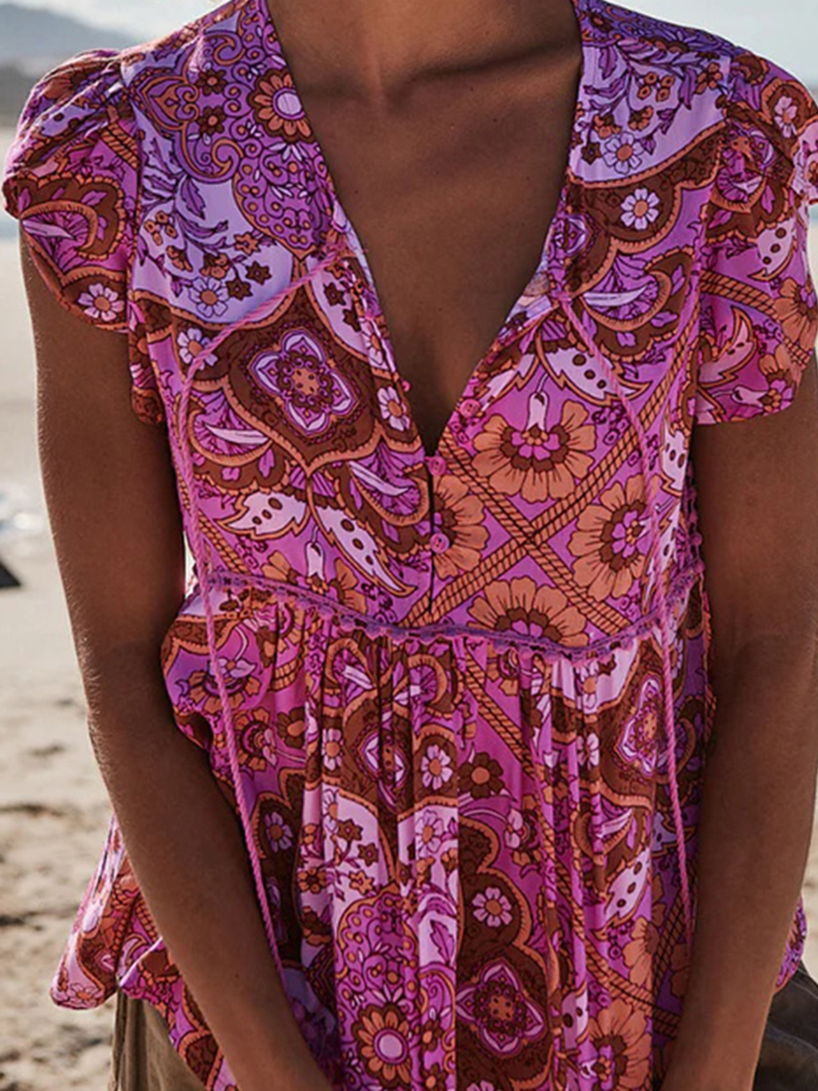 Short sleeved Bohemian floral shirt top