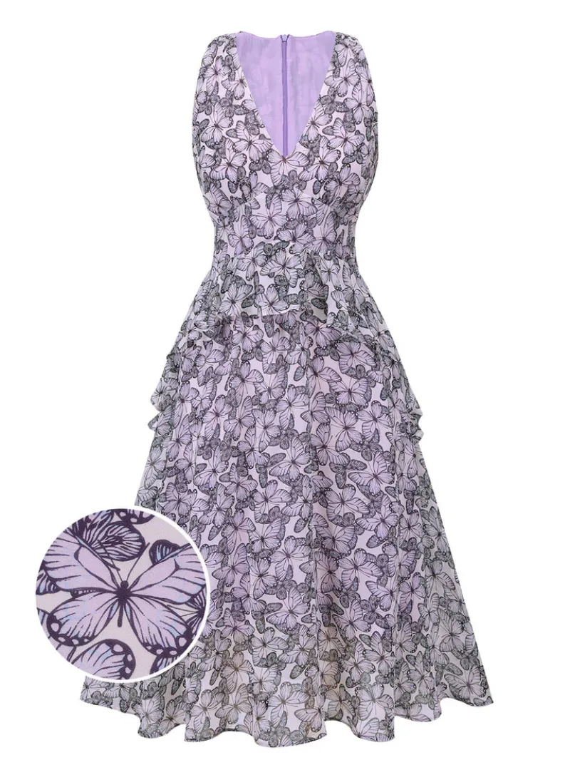 PURPLE 1930S BUTTERFLY V-NECK SLEEVELESS DRESS