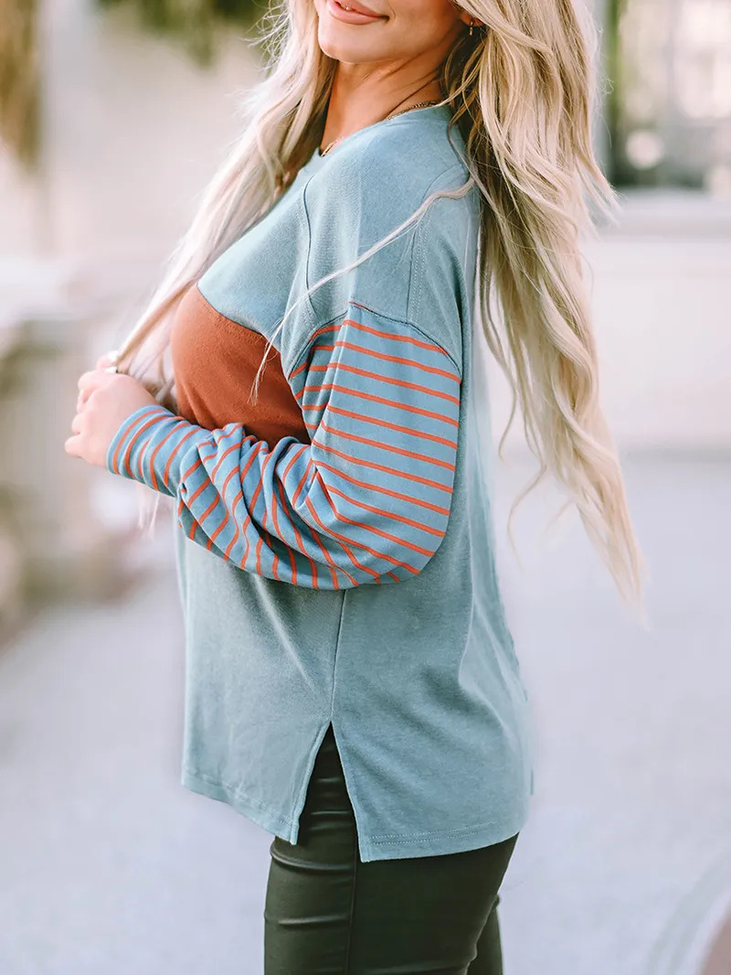 Green Colorblock Striped Bishop Sleeve Top