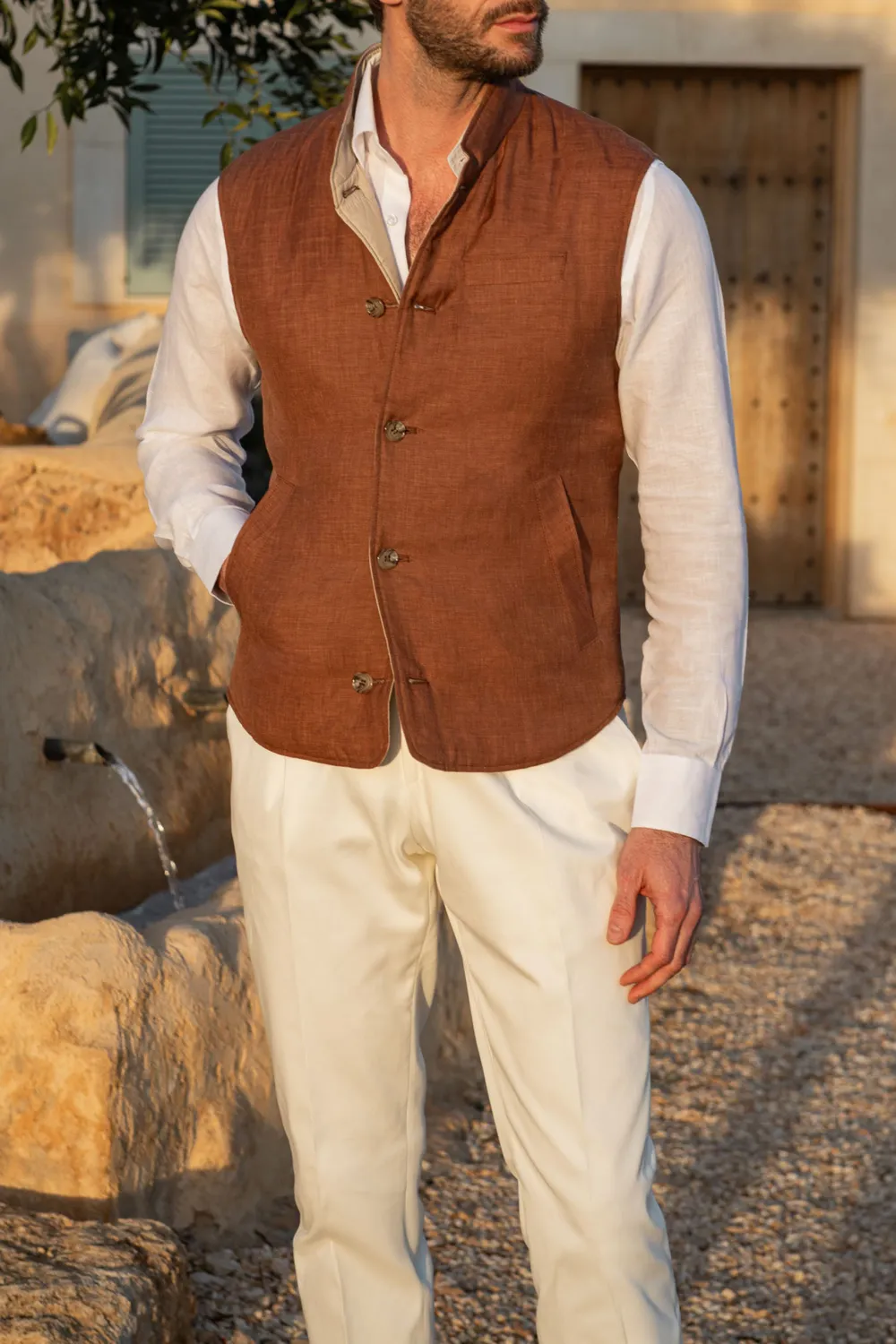 RUSTY AND BEIGE REVERSIBLE VEST IN LORO PIANA FABRIC