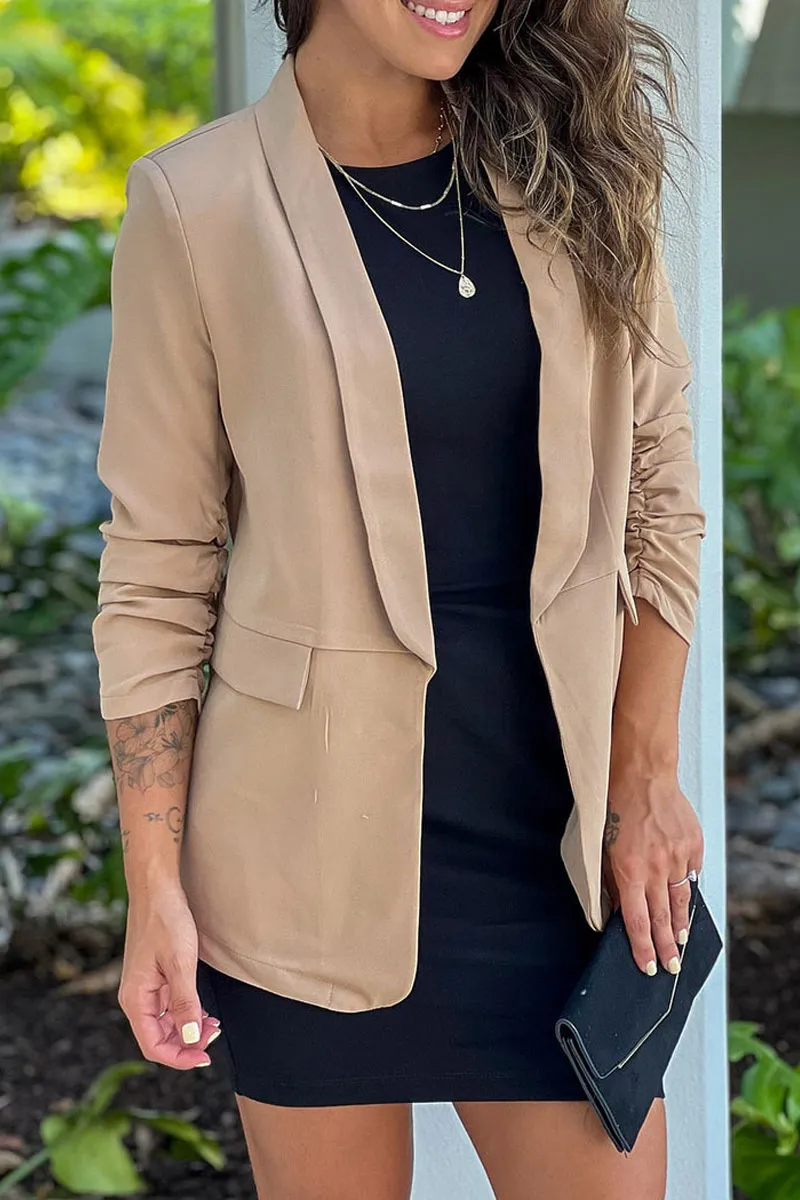 Khaki Ruched Sleeve Blazer