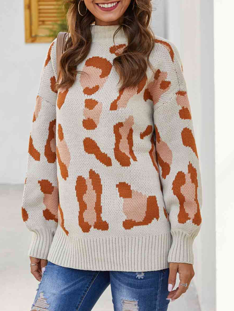 Leopard Mock Neck Dropped Shoulder Sweater