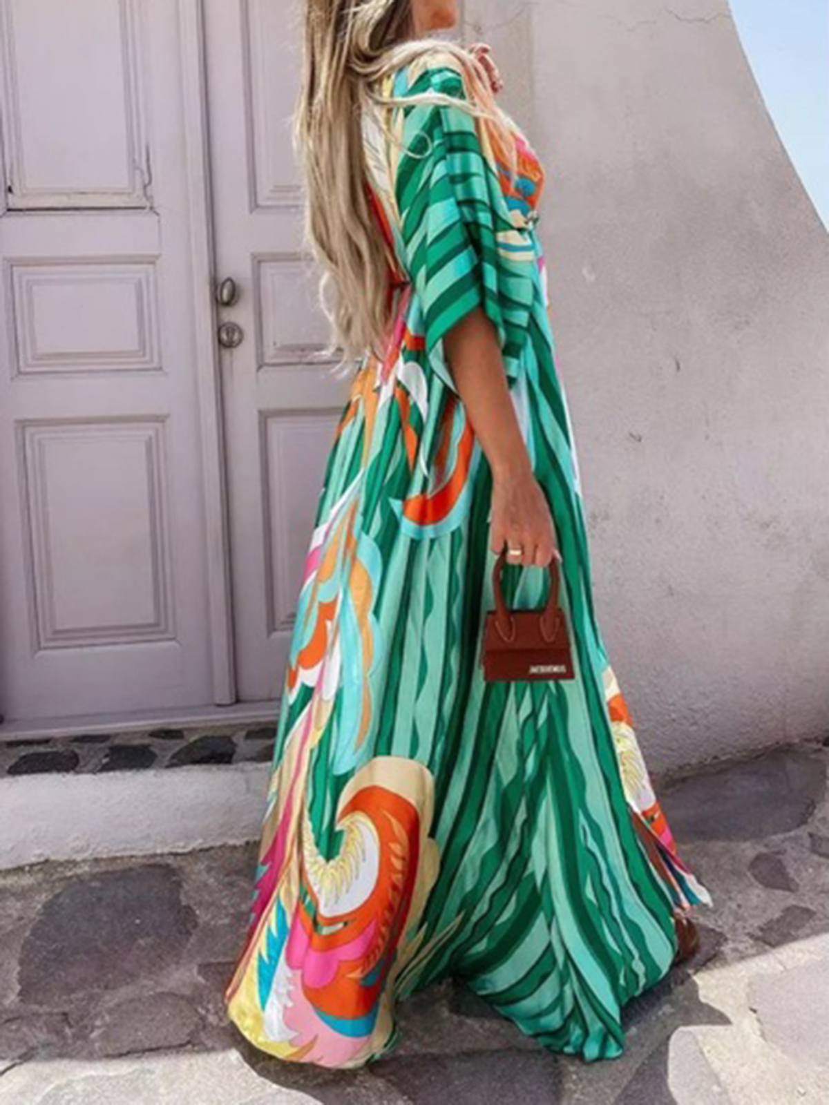 Holiday Style V Neck Slim Fit Printed Long Dress