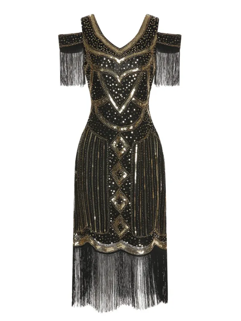 BLACK 1920S ONE-SHOULDER CAPED SEQUINED DRESS