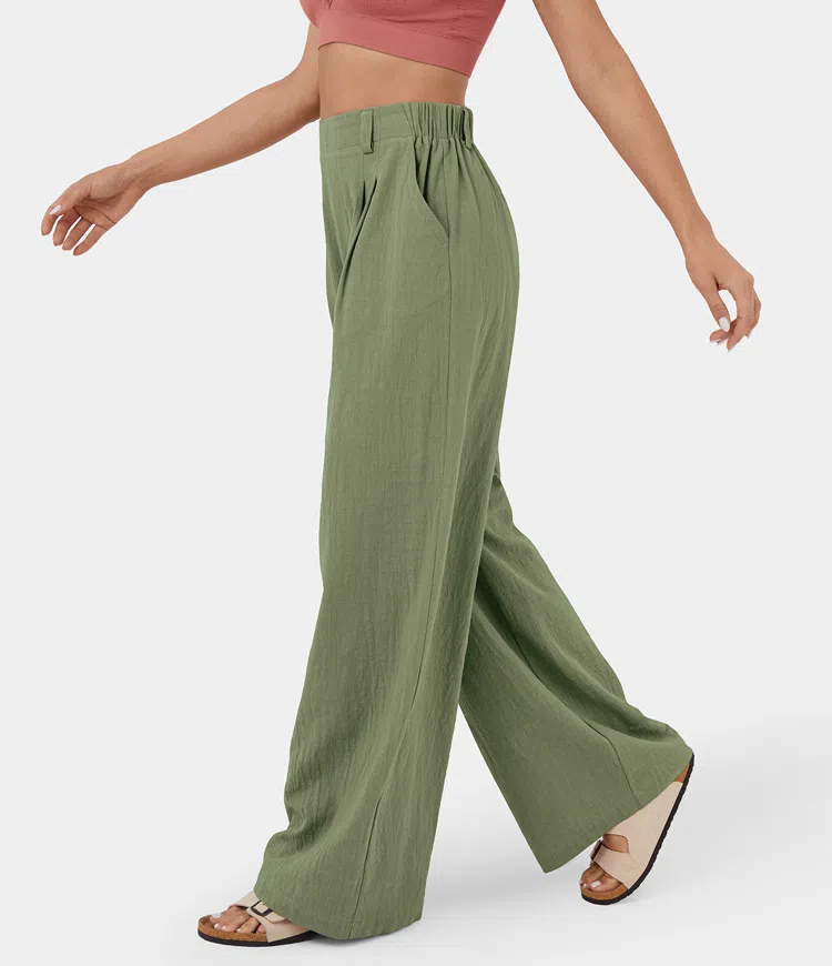 High Waisted Plicated Side Pocket Wide Leg Flowy Solid Palazzo Casual Pants