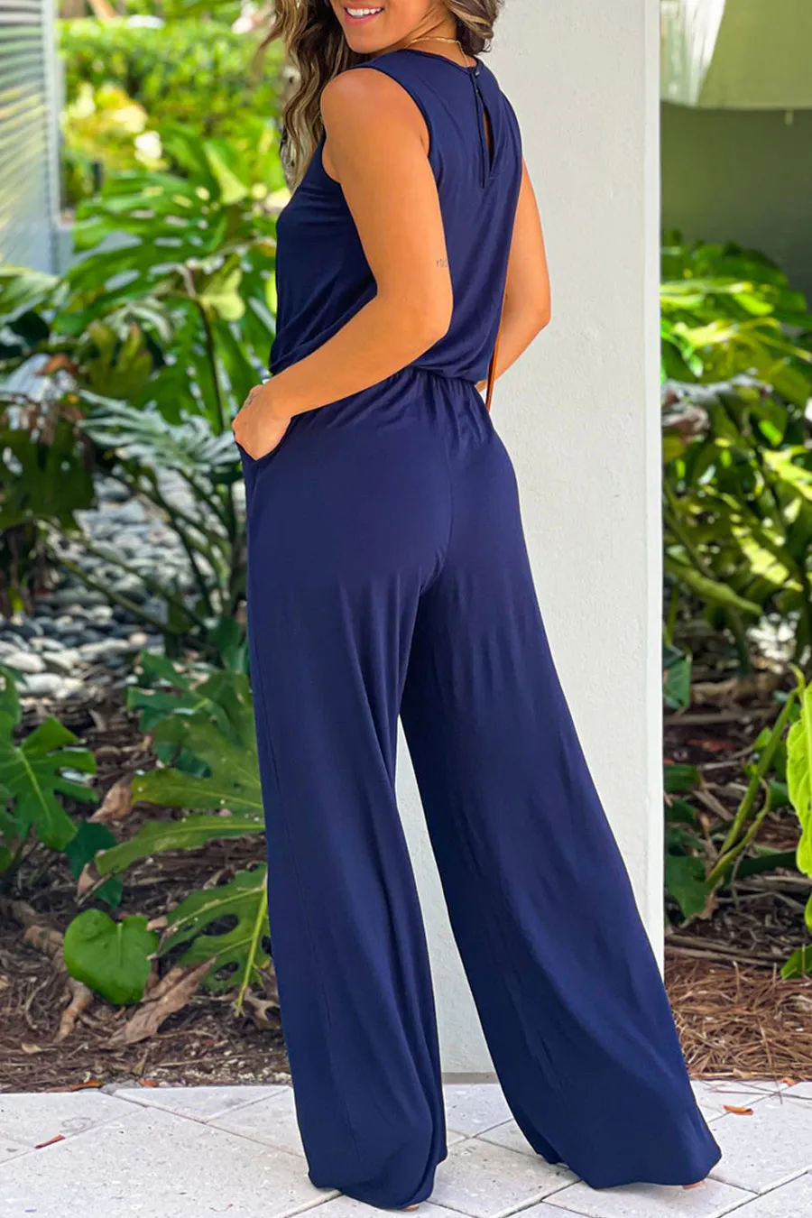 Navy Sleeveless Jumpsuit With Pockets