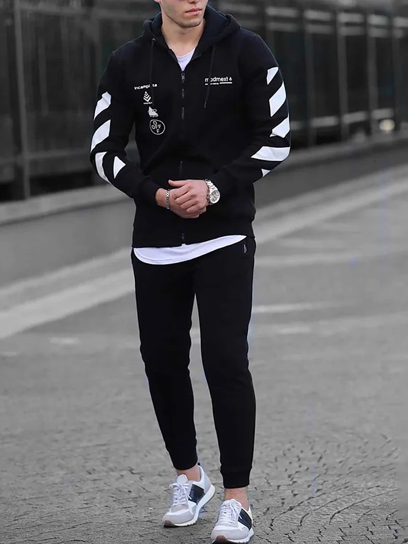 Men's Casual Striped Printed Sweatshirt Jogging Sportswear Set