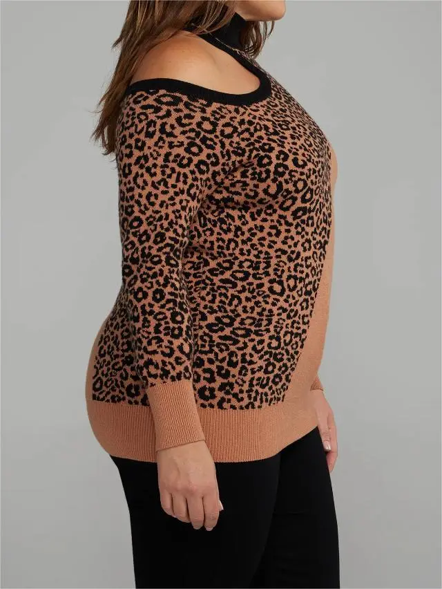 Colorblock Leopard Print Cutout Sweater