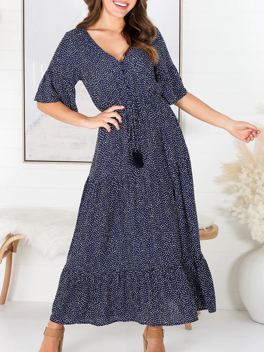 V-neck polka dot print fringe lace-up dress