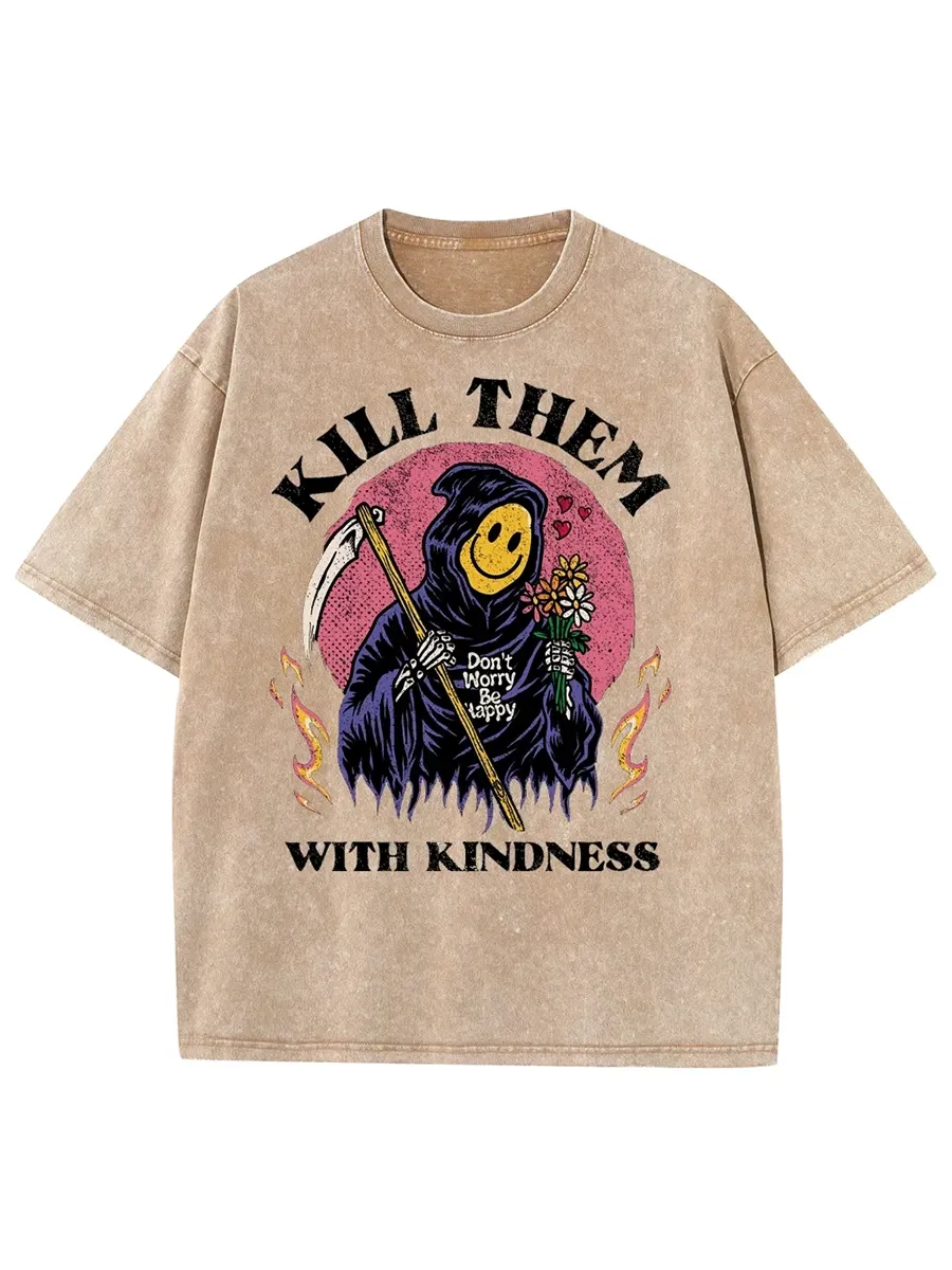 KILL THEM WITH KINDNESS UNISEX OVERSIZED PRINT VINTAGE WASH DENIM T-SHIRT