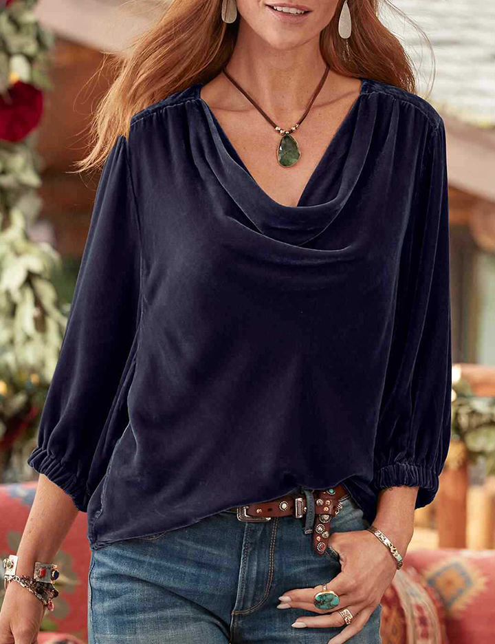 Long Sieeve Solid Velvet Pile Neck Pleated T- Shirt