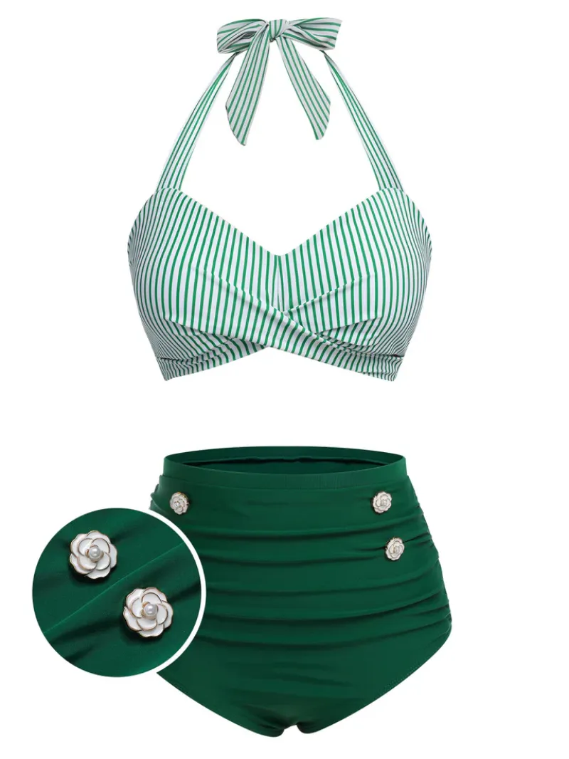 GREEN 1940S STRIPED HALTER SWIMSUIT SET