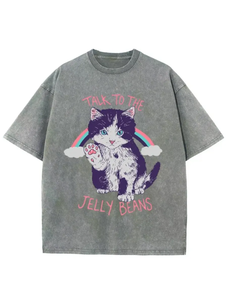 TALK TO THE JELLY BEANS UNISEX PRINTED RETRO WASHED SHORT SLEEVED T-SHIRT