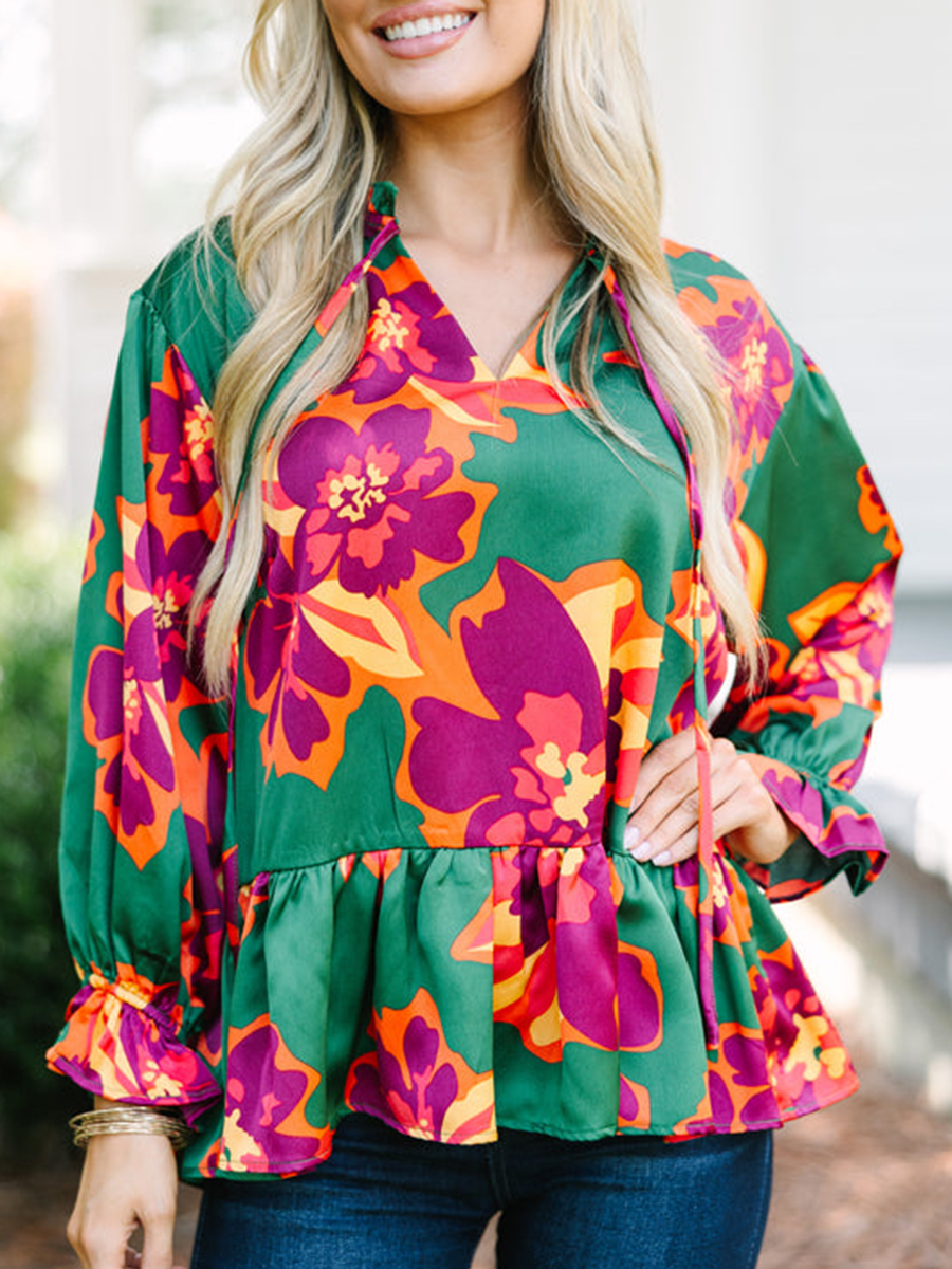 Women's Casual Green Floral Shirt