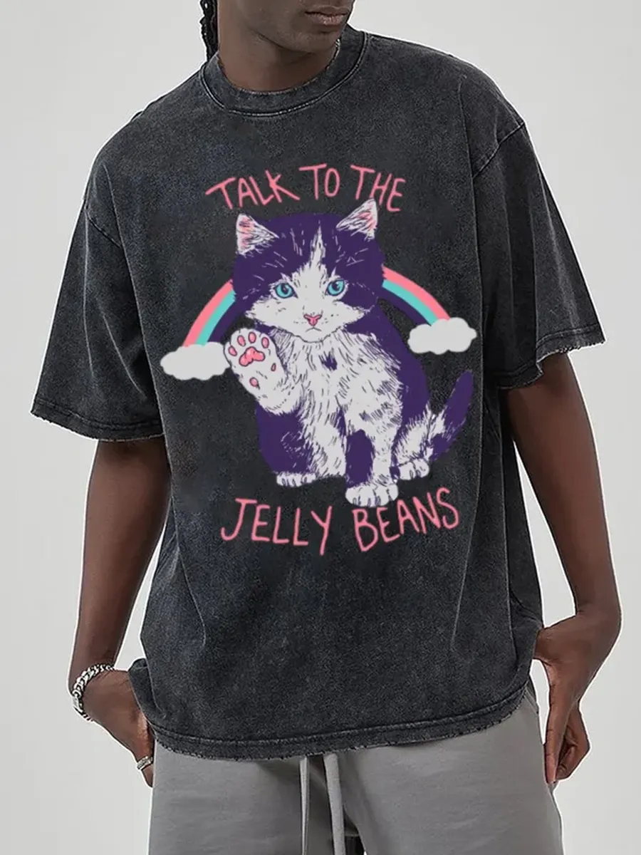 TALK TO THE JELLY BEANS UNISEX PRINTED RETRO WASHED SHORT SLEEVED T-SHIRT