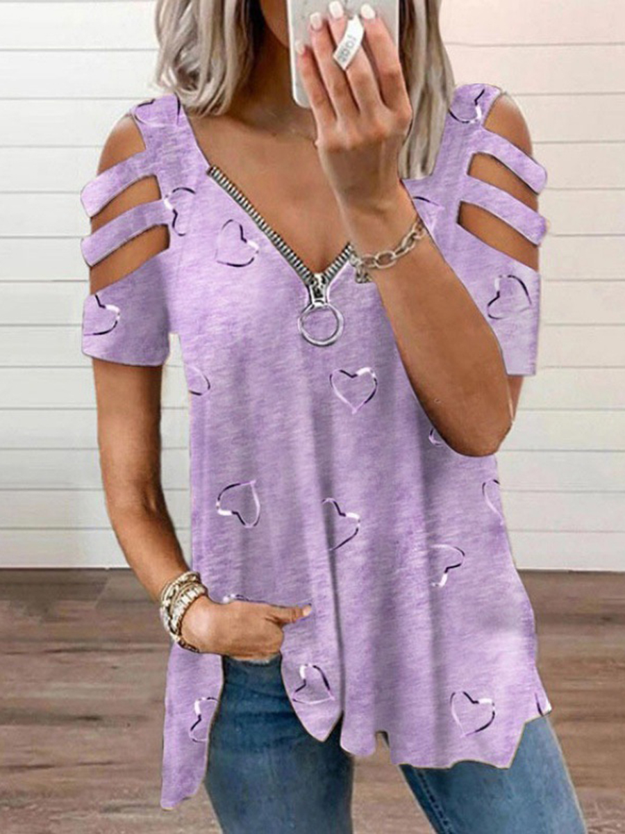 V-neck Zipper Printed Short-sleeved Top