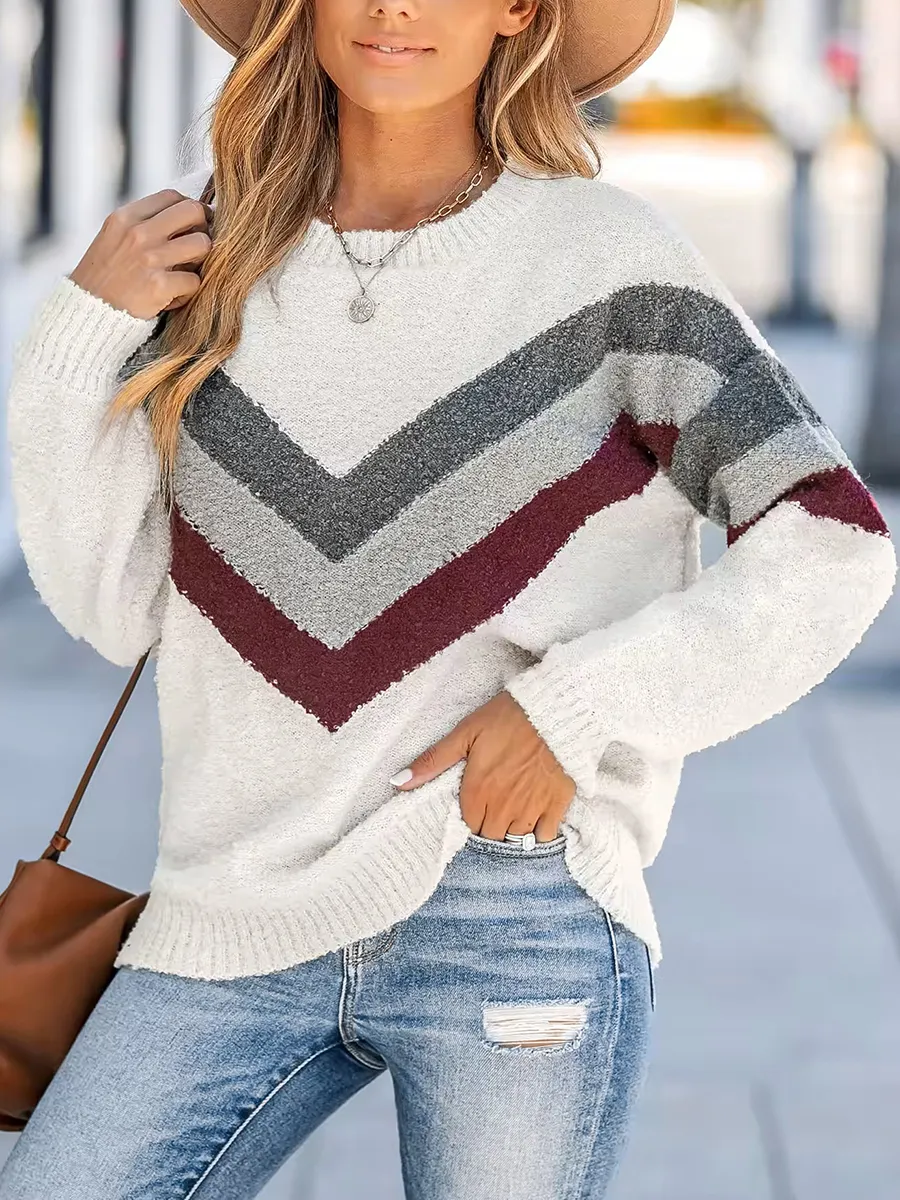 V-shaped crew neck striped plush sweater