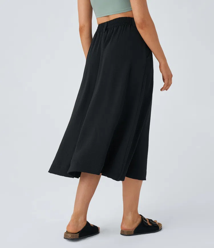 High Waisted Side Pocket Flowy Midi Casual Linen-Feel Skirt