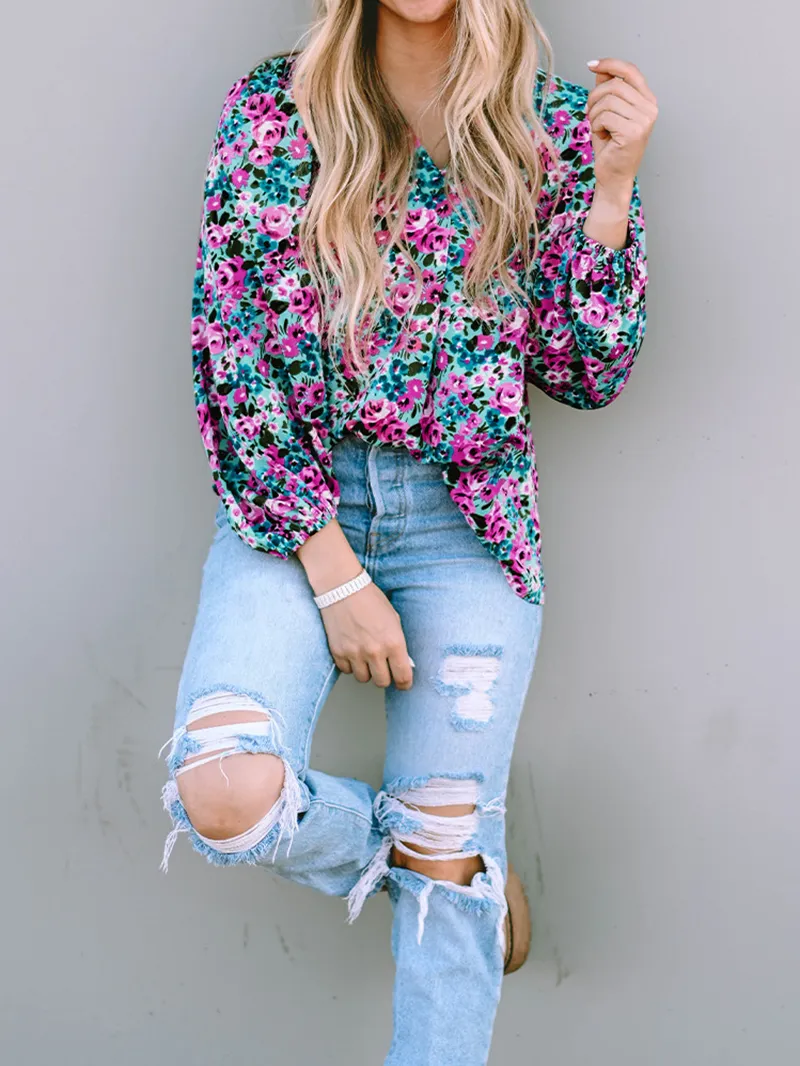 BOHO FLORAL PRINT V-NECK LONG SLEEVE BLOUSE