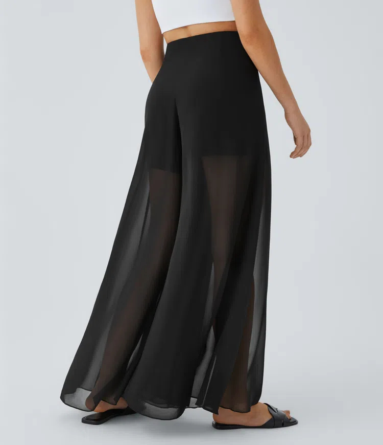 High Waisted Invisible Zipper 2-in-1 Mesh Wide Leg Flowy Casual Pants