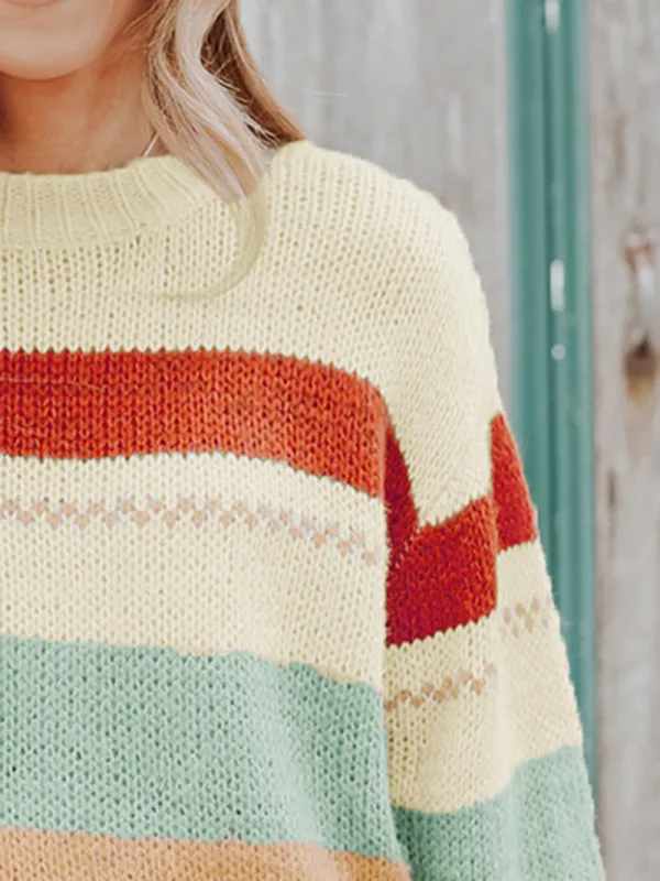 Crew Neck Drop-shoulder Striped Color Block Sweater