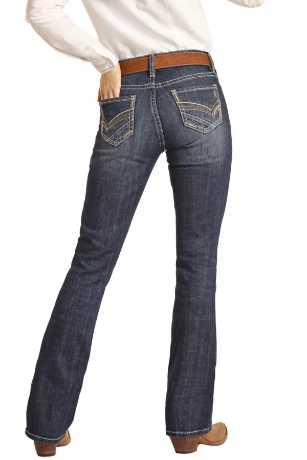 Simple women's mid-waist pocket line design details denim pants