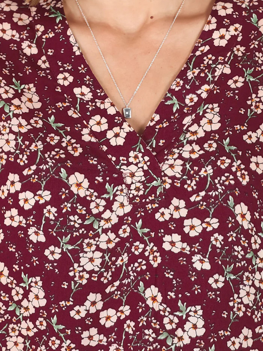 Burgundy short sleeve Bohemian floral shirt