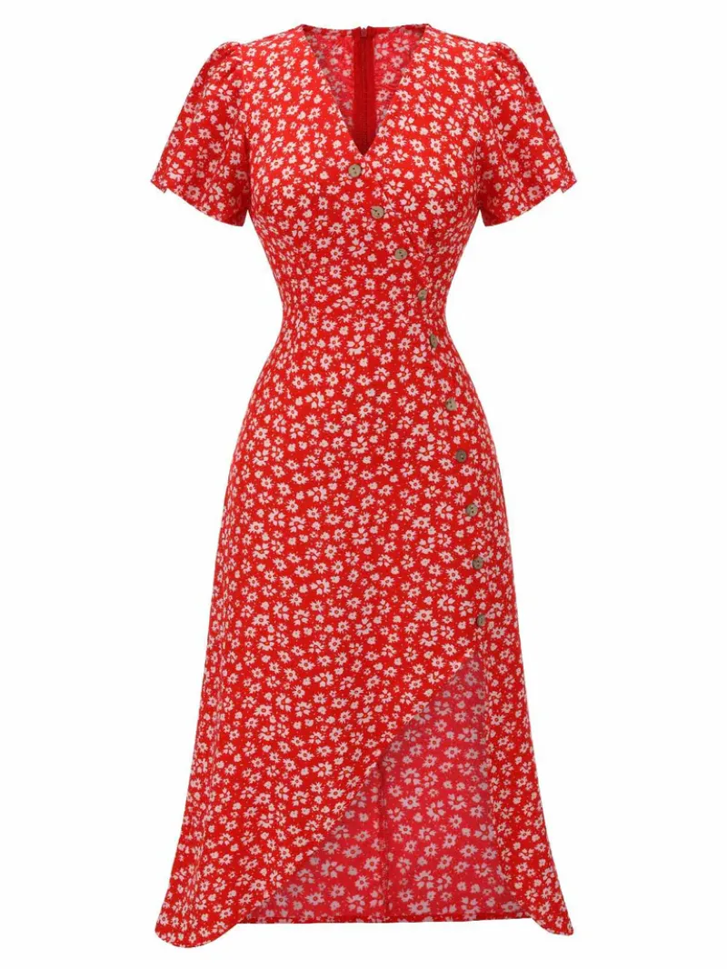 RED 1930S FLORAL V-NECK ADDED BUTTON DRESS