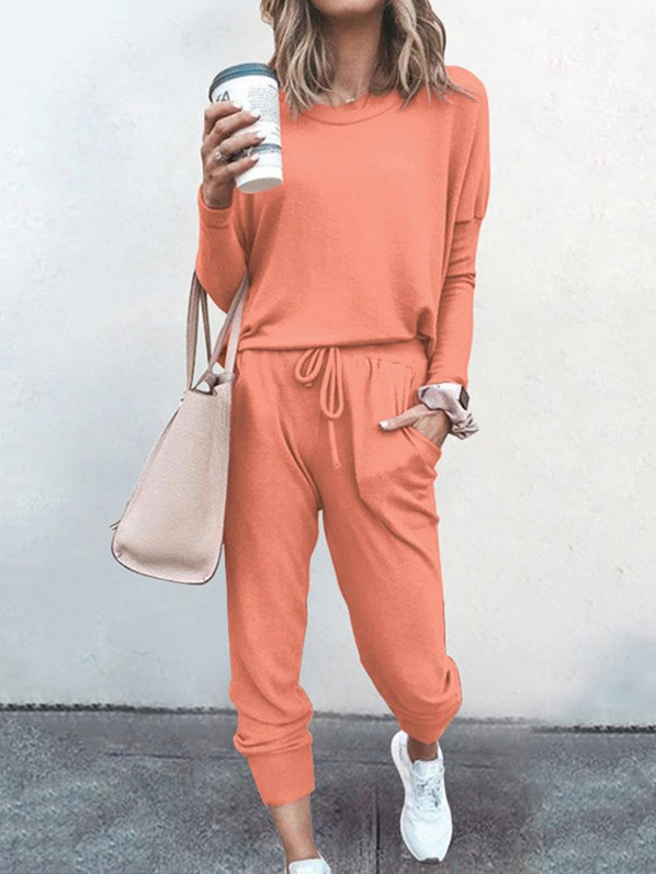 Solid Color Casual Long Sleeve Trousers Two Piece Suit