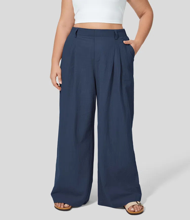 High Waisted Plicated Side Pocket Wide Leg Flowy Casual Plus Size Pants