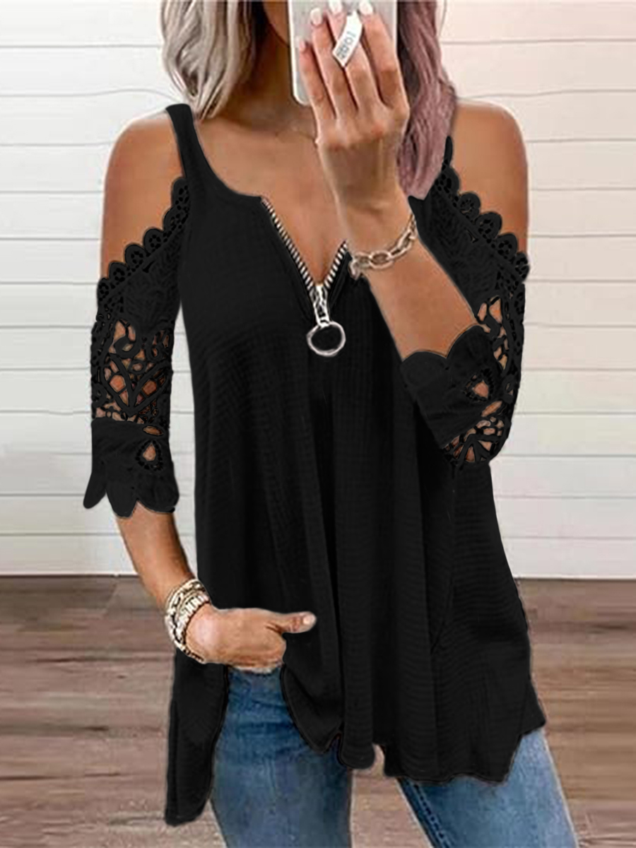 Cutout zipper sleeves V-neck belted casual shirt