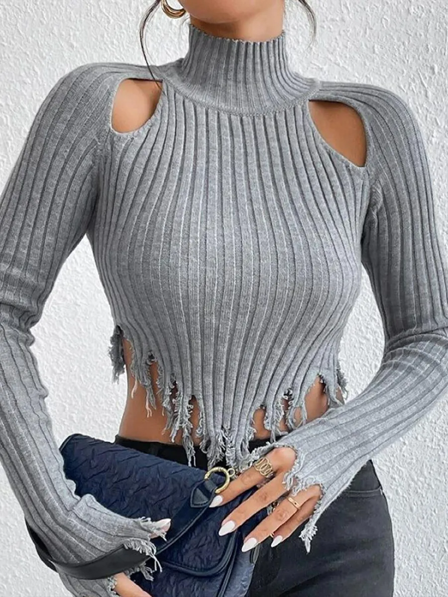 High-neck Long-sleeved Distressed Knit