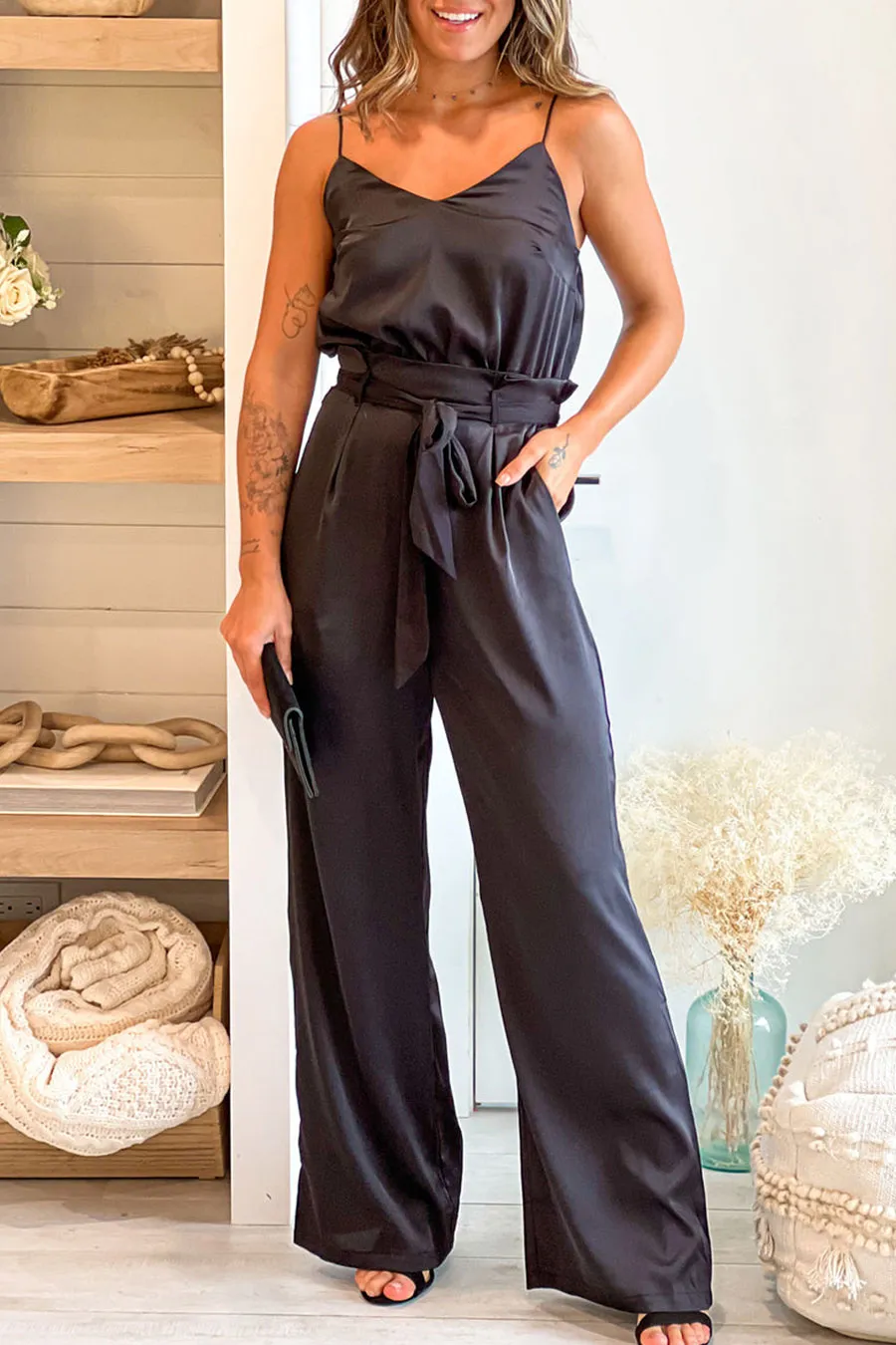 Black Draped Neckline Jumpsuit With Pockets