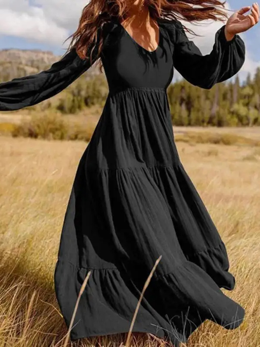 Women's Casual Swing V-neck Bubble Sleeve Long Pleated Dress